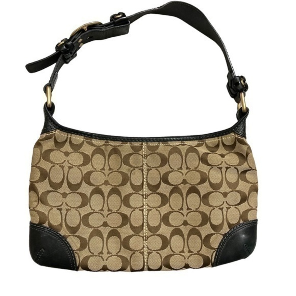 Coach brown khaki signature c and black leather trim bag